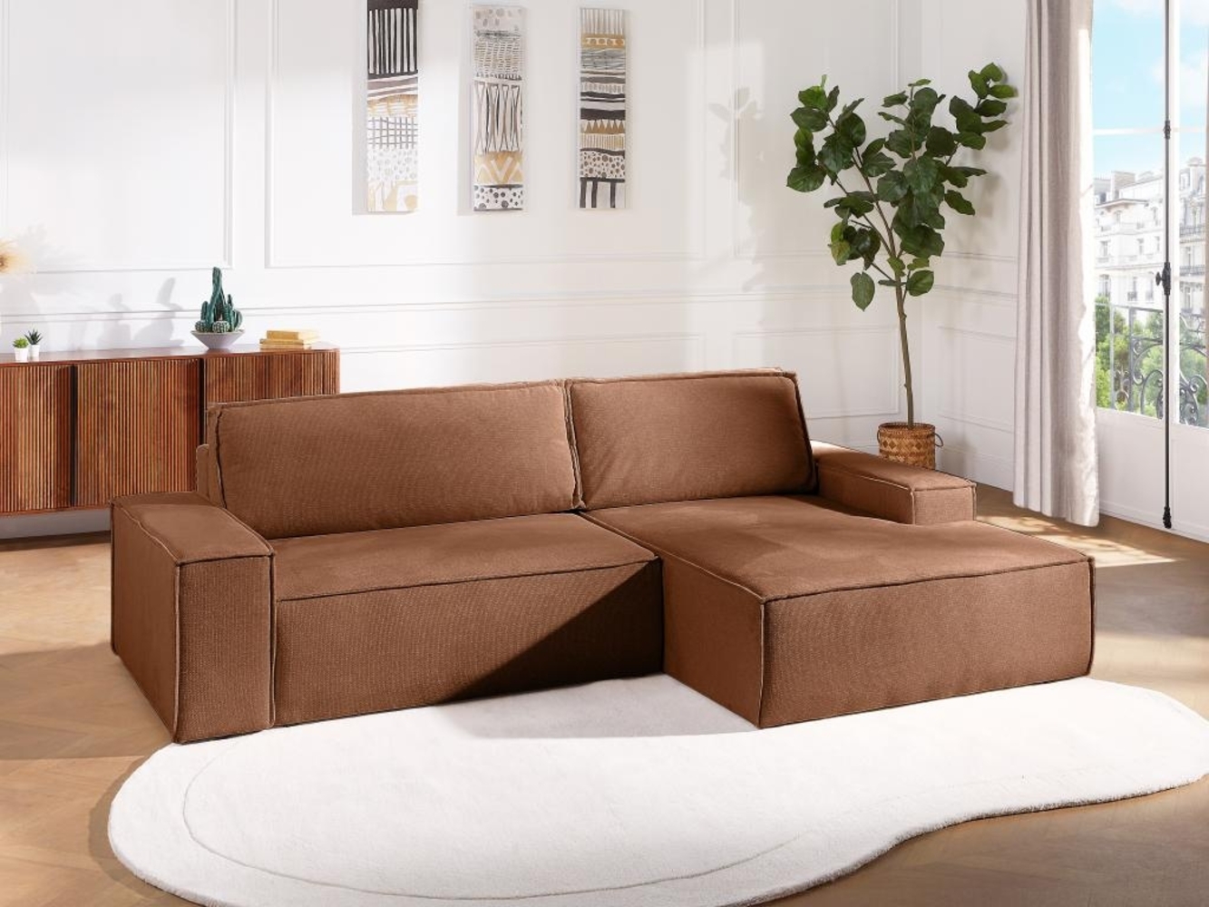 Vente-unique - Ecksofa mit Schlaffunktion - Ecke rechts - Strukturstoff - Terracotta - AMELIA Bild 1