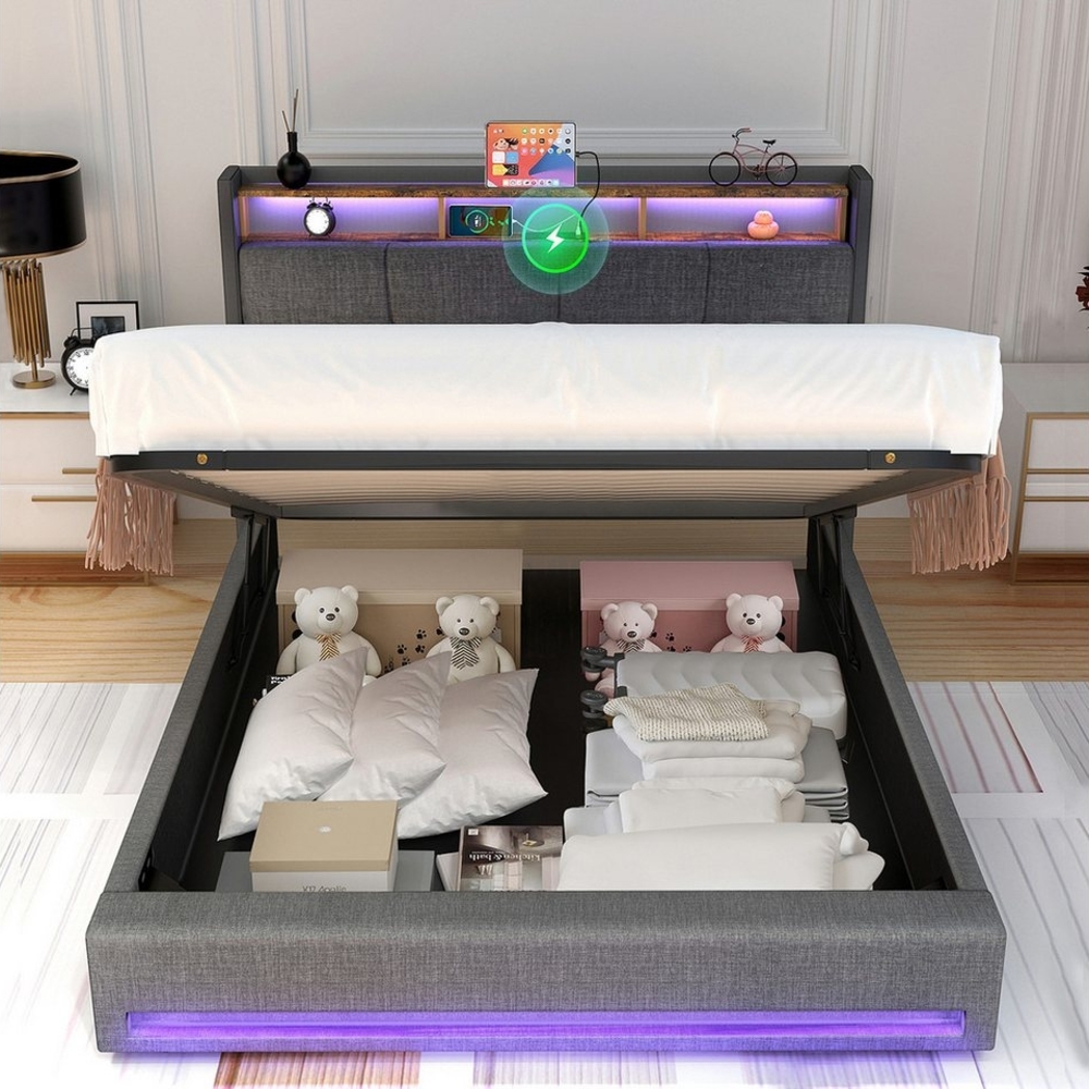 oyajia Polsterbett Doppelbett mit LED Licht 140x200cm,Hydraulisch anhebbarer Stauraumbett (Mit Lattenrost und Ladefunktion, Leinenmaterial Polsterbett), Modernes Jugendbett, Leises Design Bett, Max. Belastbarkeit 350 kg Bild 1