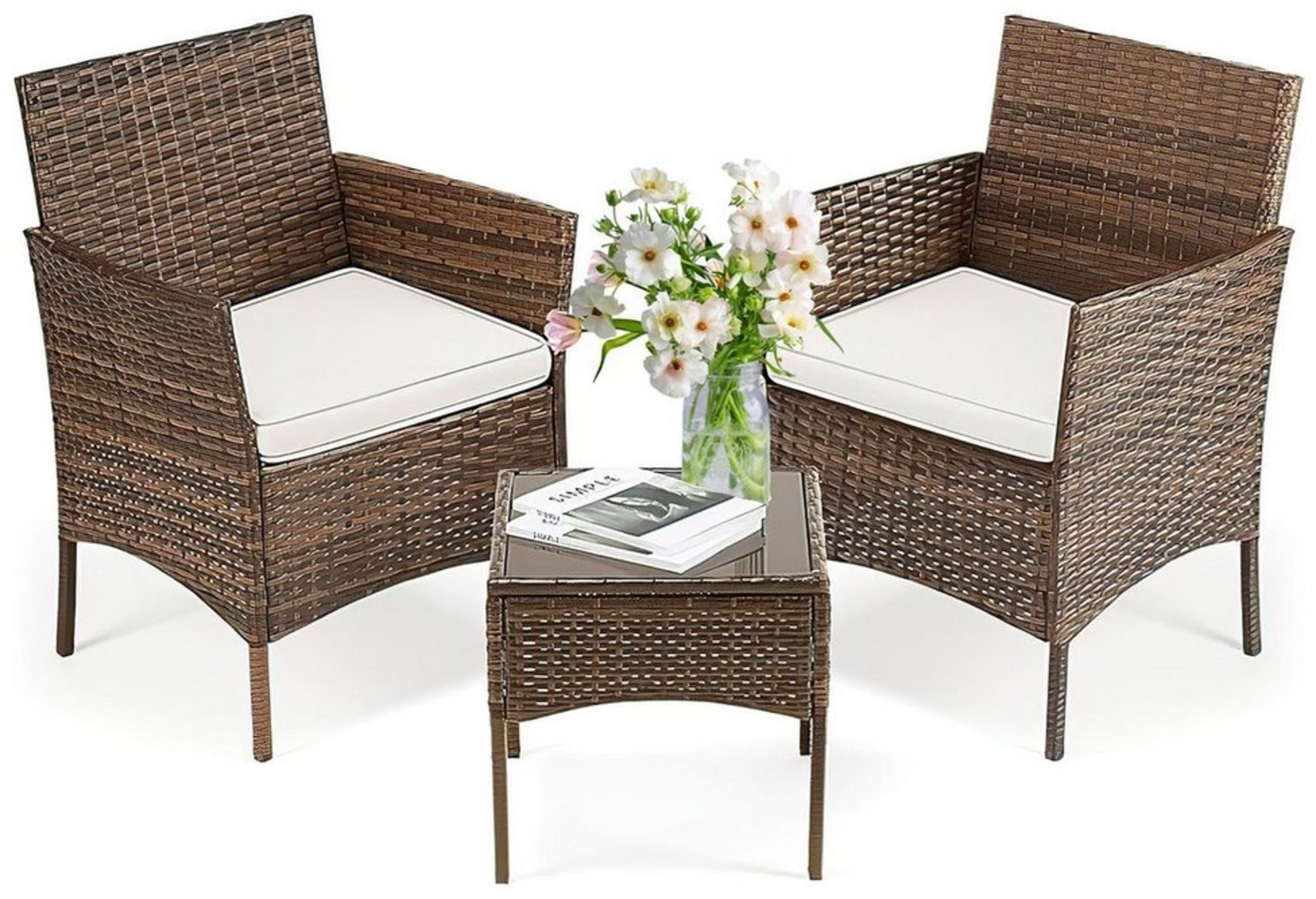 SURFOU Gartenlounge-Set Gartenmöbel Rattan Set 3-teilige Balkonmöbel Terrassenmöbel, 2 Sessel & 1 Tisch Wetterfest Balkon Set für Garten Indoor Balkon Bild 1