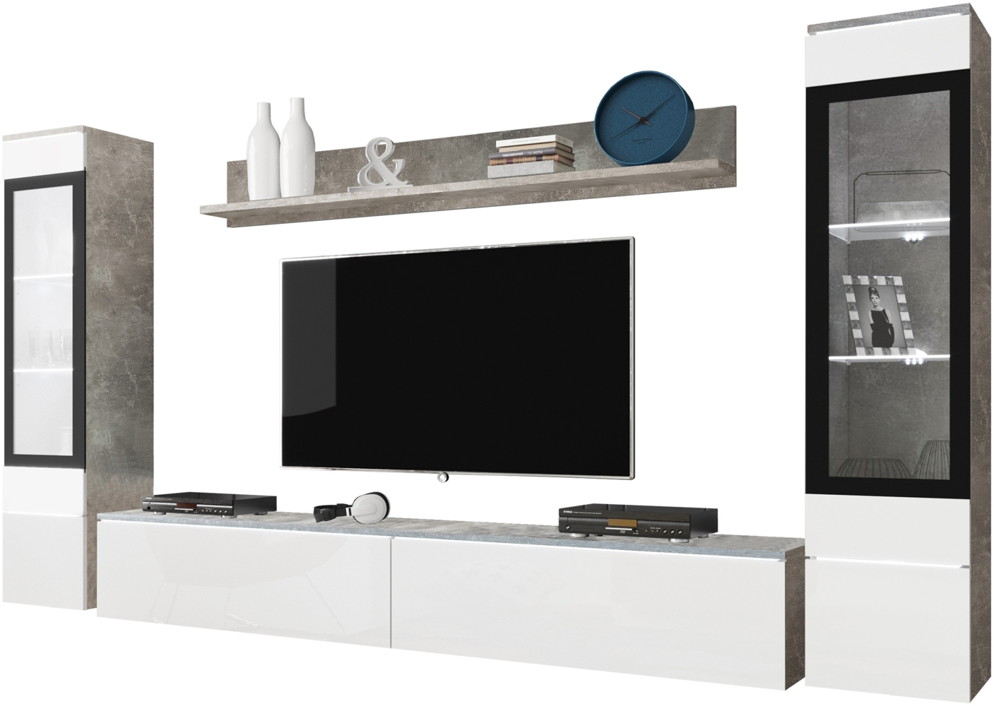 Wohnwand Doppo II (Farbe: Beton / Weiß Hochglanz, mit weißer LED Beleuchtung) Bild 1