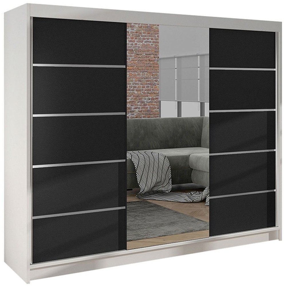 'Dotan VI' Schiebetürenschrank mit Spiegel, Holz weiß/schwarz, 200 x 215 x 58 cm Bild 1