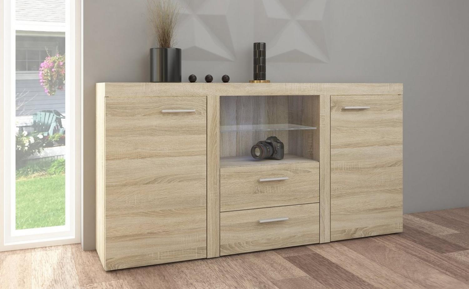 Furnix Anrichte Alvor Sideboard mit 2 Schubladen Glasvitrine 156,4 cm mit/ohne LED, 156,4x82x40,3 cm, multifunktionell & zeitloses Design Bild 1