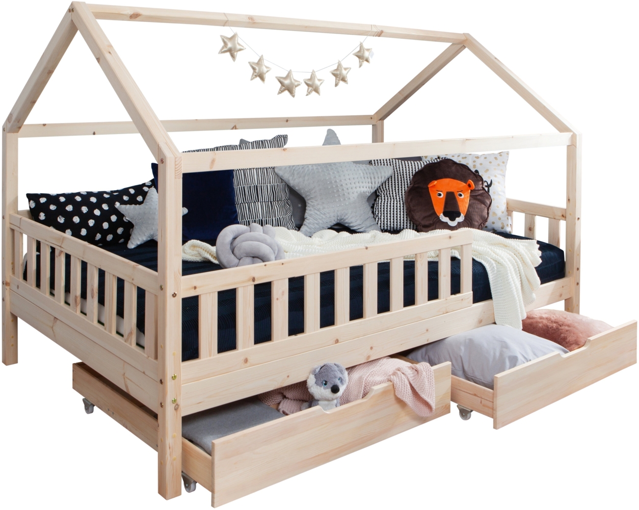 Ticaa Kinderbett Hausbett \"Kay\" 100x200 Kiefer massiv Natur inkl. 2 Schubkästen Bild 1
