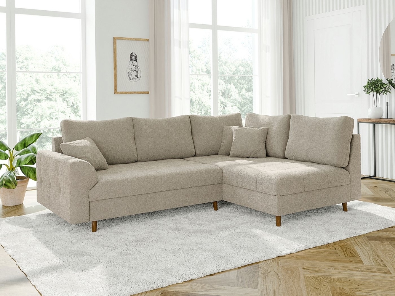 S-Style Möbel Ecksofa Leif mit Braun Holzfüßen im skandinavischen Stil aus Boucle-Stoff, Ottomane links oder rechts bestellbar, mit Wellenfederung Bild 1