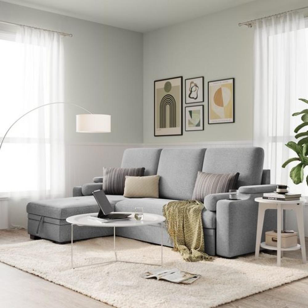 Vasagle Sofa L Form, Schlafsofa, Couch mit Stauraum, Schlaffunktion, Bettsofa mit Getränkehalter, modern, für Wohnzimmer, Schlafzimmer, hellgrau Bild 1