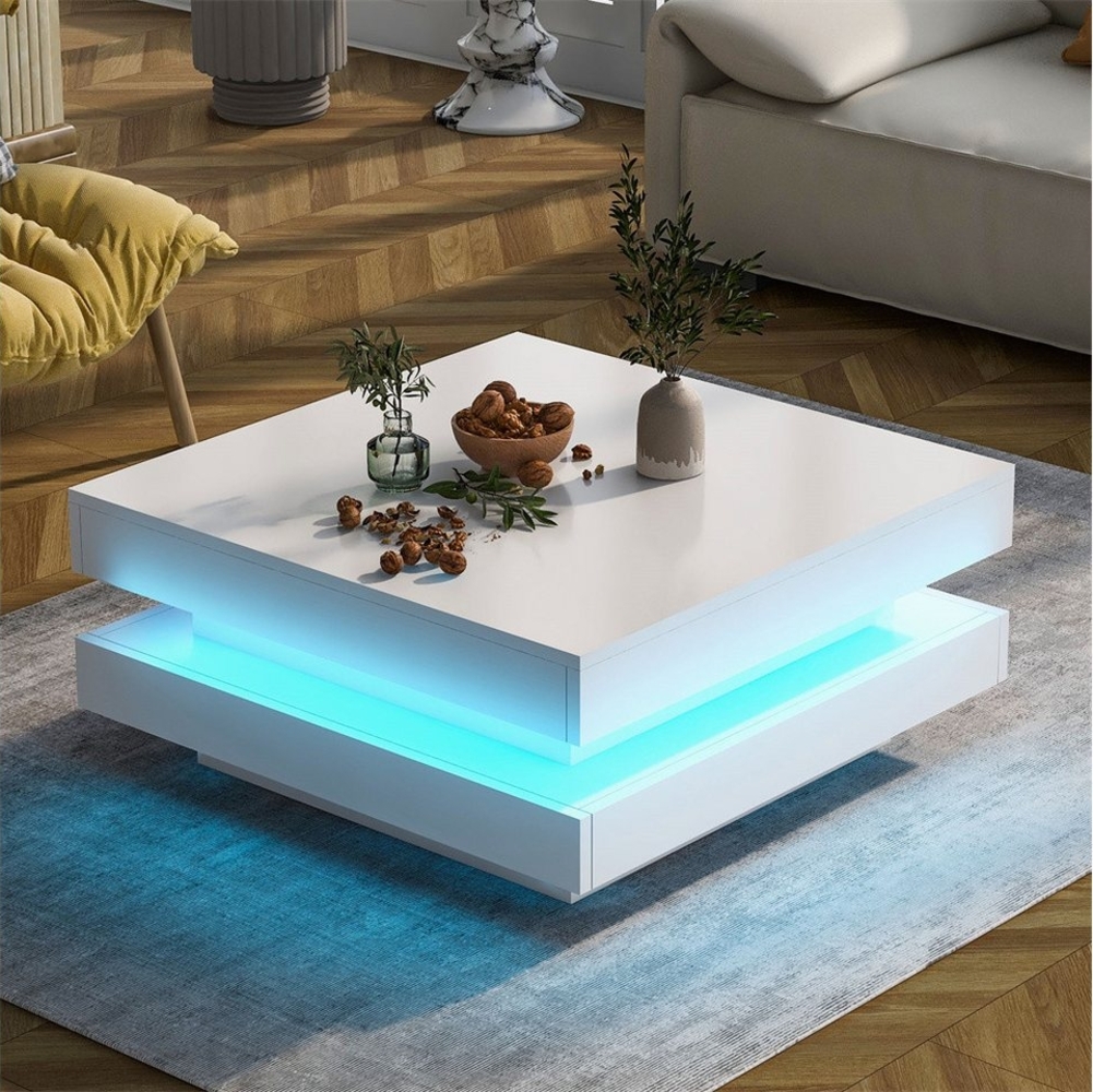 autolock Couchtisch Weißer quadratischer Hochglanz-Couchtisch mit drehbarer, Platte - Moderner Techno-Stil mit 16-farbigem LED-Licht Bild 1