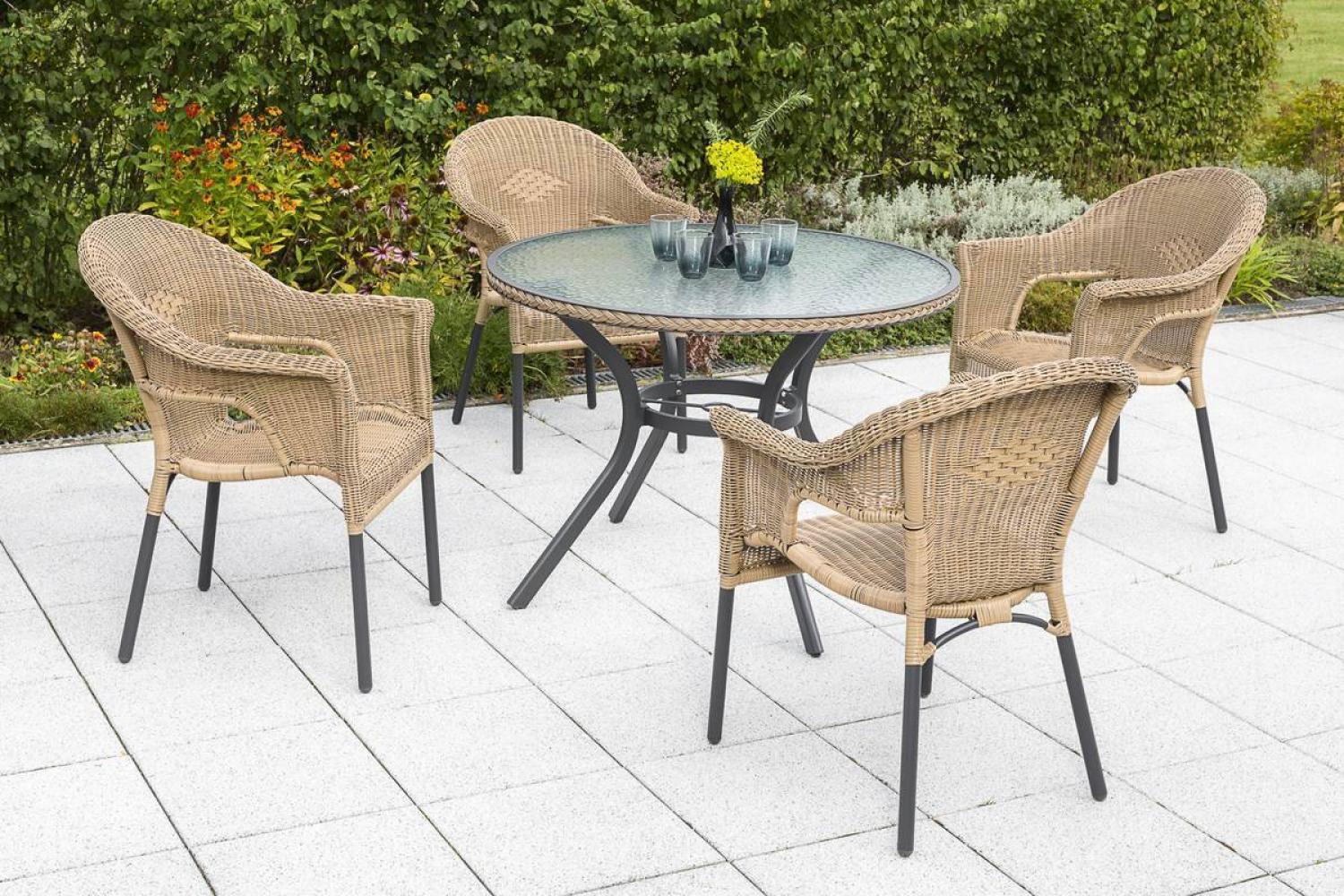 YOURSOL by Merxx Gartenmöbel Set Ravenna 4 Personen mit rundem Tisch Ø 100 cm, stapelbare Korbstühle Bild 1