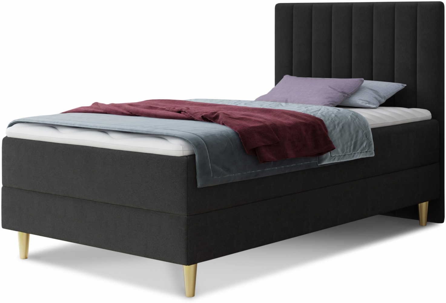 Boxspringbett Gold Mini mit Bettkasten, Bonell-Matratze und Topper - Einzelbett mit Matratzentopper, Polsterbett, Bett, Schlafzimmer, Jugendzimmer, Velours Stoff (Schwarz (Manila 18), 120 x 200 cm) Bild 1