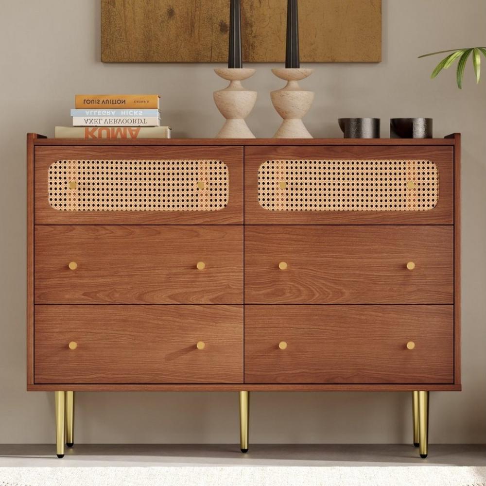 Flieks Kommode, Sideboard mit 6 Schubladen Rattan Nussbaum 120x40x90cm Bild 1