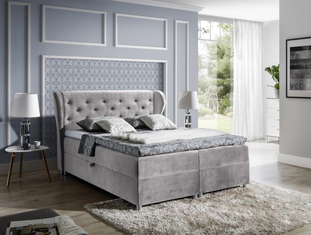 'Arianna' Boxspringbett mit Topper, Matratze und Bettkasten, Stoff Silbergrau, H3, 160x200 cm Bild 1