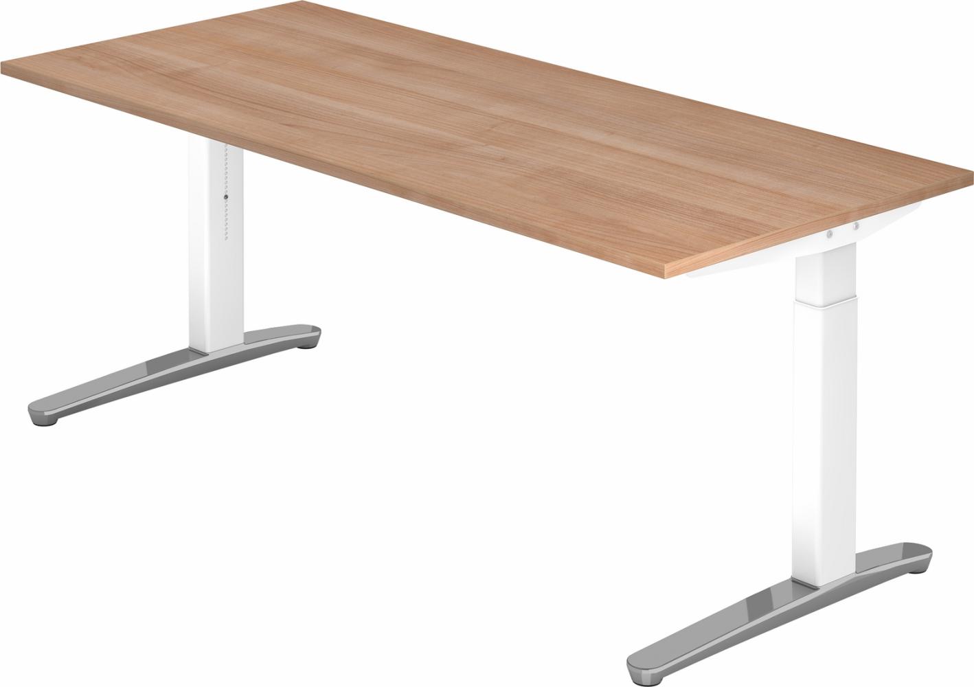 bümö® Design Schreibtisch XB-Serie höhenverstellbar, Tischplatte 200 x 100 cm in Nussbaum, Gestell in weiß/alu poliert Bild 1