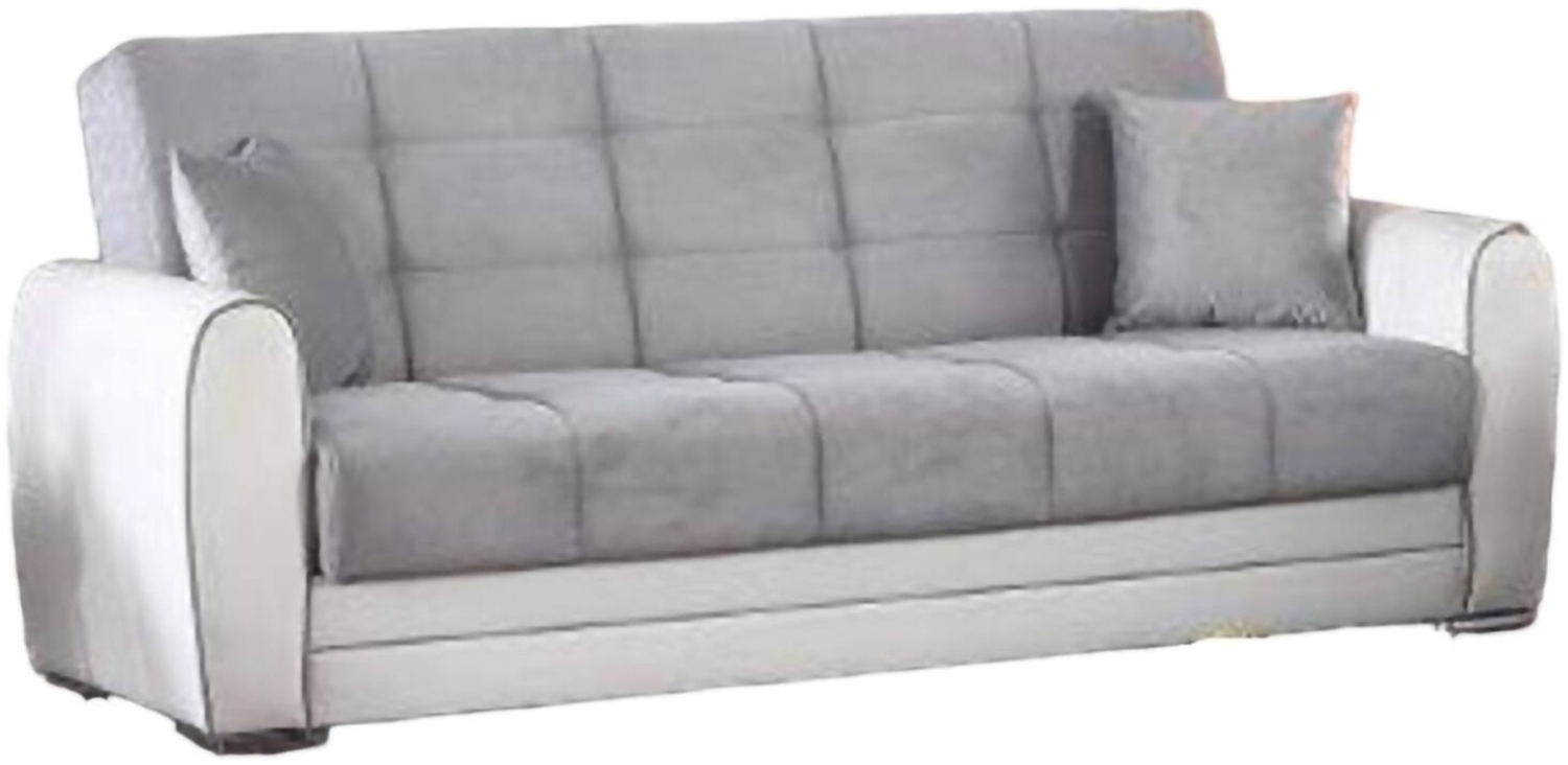 Dmora 3-Sitzer Schlafsofa Dike, Sofa mit Stauraum aus Öko-Leder und Stoff, Wohnzimmersofa mit Klick-Klack-Öffnung, 220 x 84 x 91 cm, Weiß und Grau Bild 1