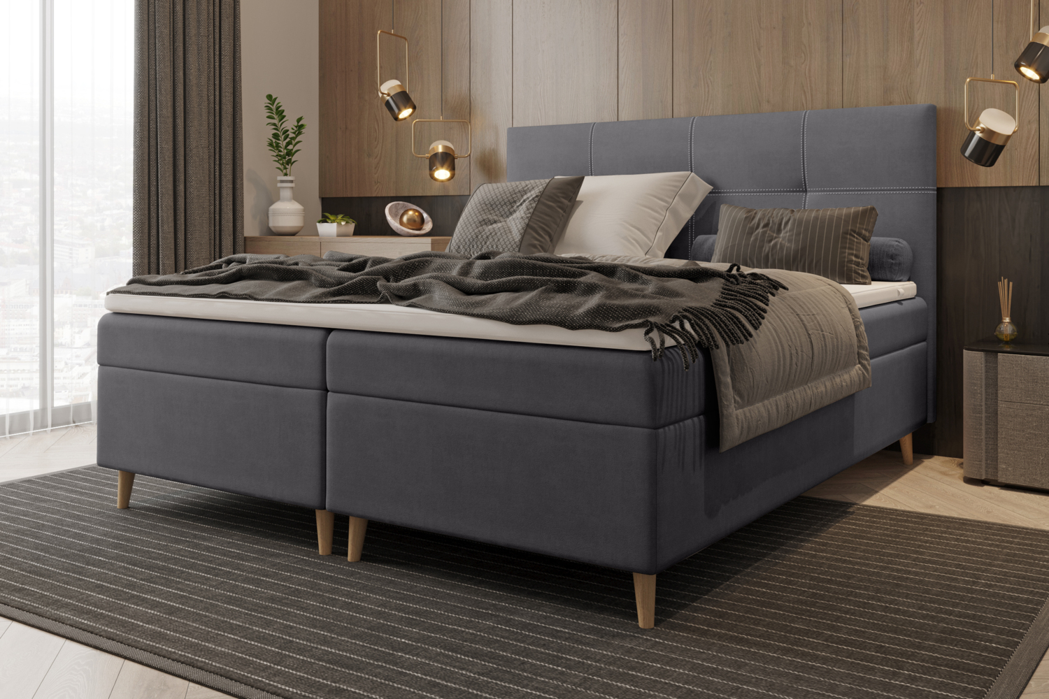 99rooms Skandie Boxspringbett Velours 200x200 cm Dunkelgrau Schaum Topper 4 cm Bild 1