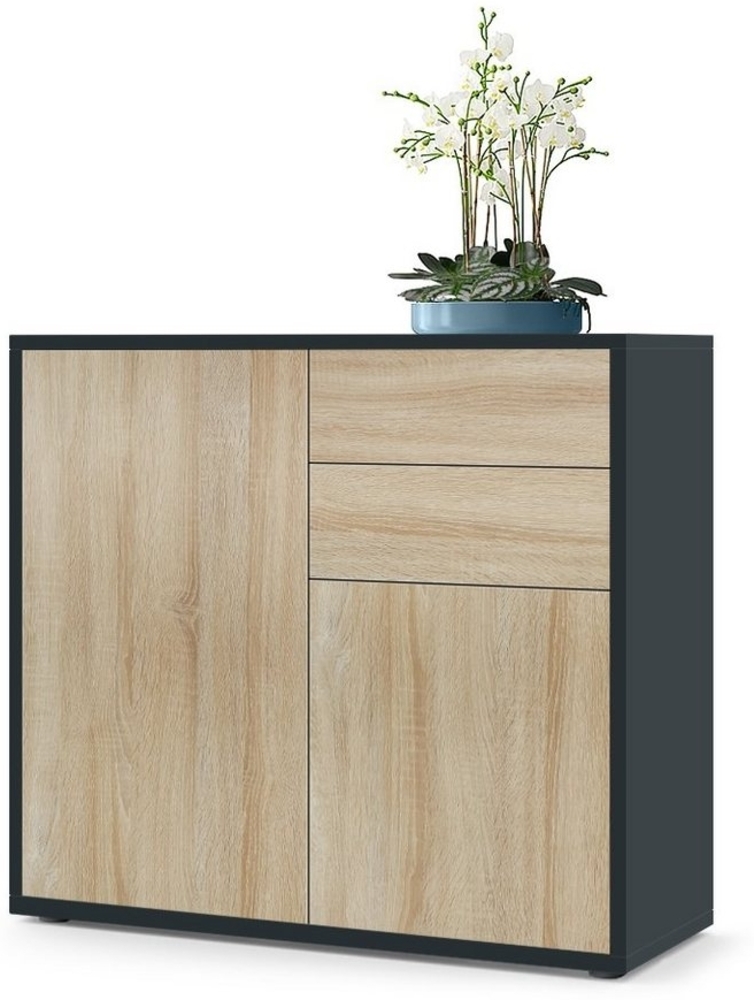 Vladon Sideboard Ben, Kommode mit 2 Türen und 2 Schubladen, Schwarz matt/Eiche Sägegrau (79 x 74 x 36 cm) Bild 1