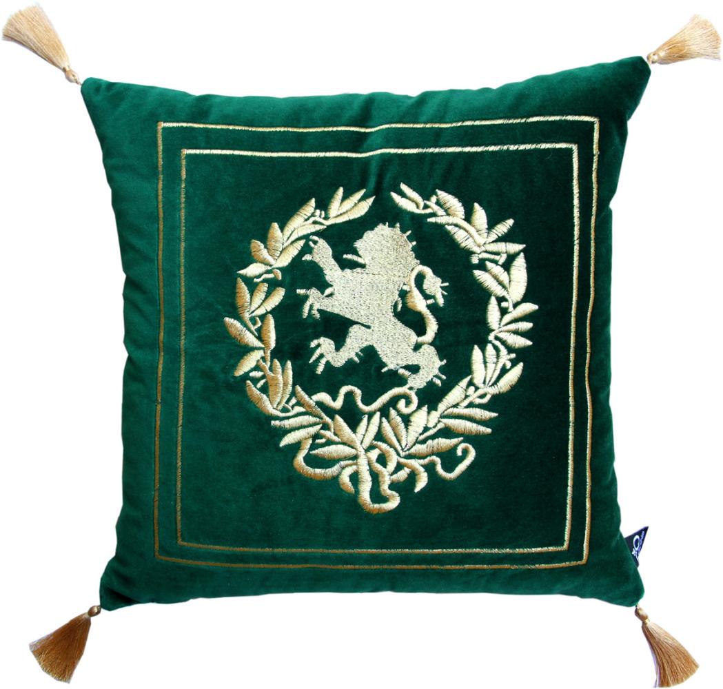 Casa Padrino Luxus Deko Kissen Wappen Dunkelgrün / Gold mit goldenen Troddeln 45 x 45 cm - Feinster Samtstoff - Luxus Wohndeko Bild 1