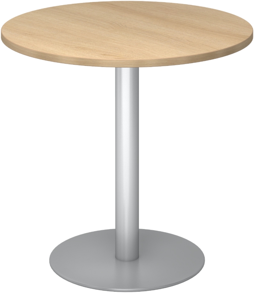 bümö Besprechungstisch, Esstisch klein, Tisch rund 80 cm - kleiner Esstisch Eiche, Rundtisch Esstisch 2 Personen mit Holz-Platte, Säule aus Metall in silber, Konferenztisch, Bistrotisch, STF08-E-S Bild 1