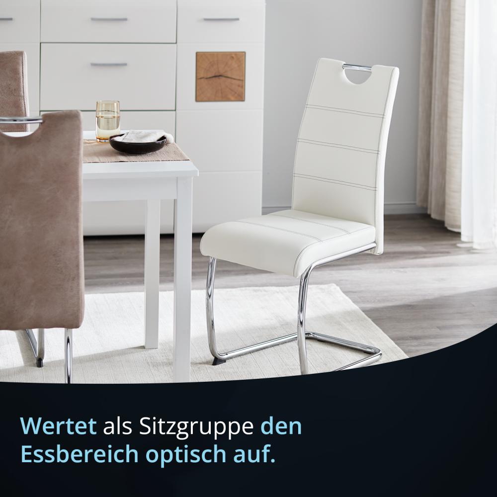 KHG 4er Set Esszimmerstühle Schwingstuhl Polsterstuhl Küchenstuhl Kunstleder Weiß - Design Stuhl Sitzhöhe 48 cm - Freischwinger mit integriertem Griff Bild 1