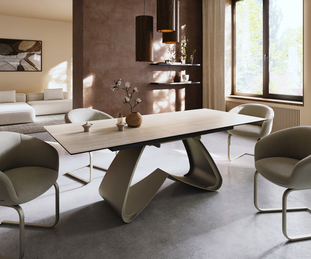 Esstisch Edge 180-220x100 Keramik Laminam® Travertino Bianco Creme-Weiß W-Gestell Effektfinish Titan ausziehbar Bild 1