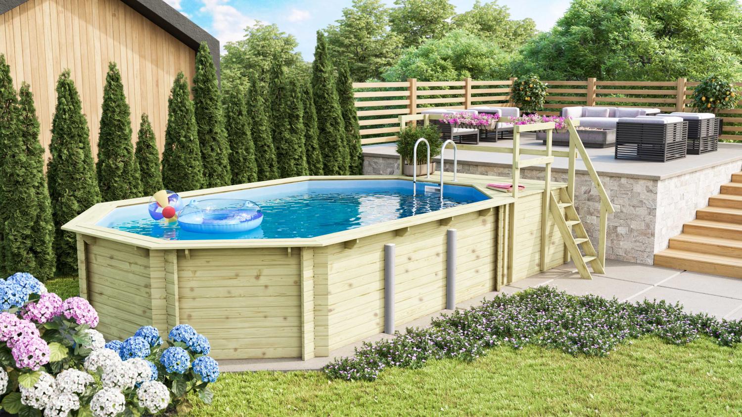 Karibu Pool Modell 4C Classic 400x692 cm, Holz kdi mit blauer Poolfolie Bild 1