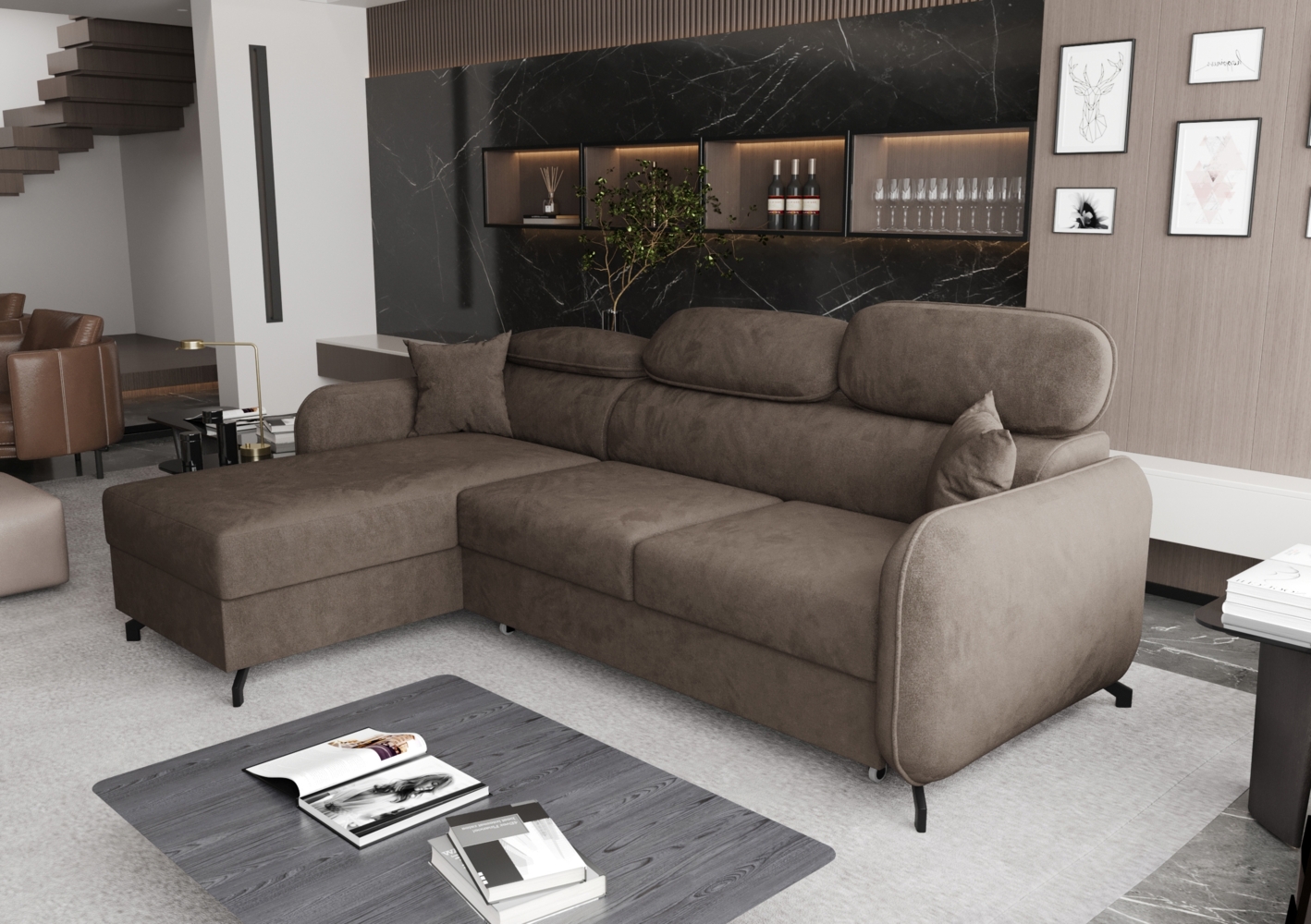 AX LIVING Ecksofa mit Schlaffunktion Ribella 5 L-Form 265 cm, Samt in Braun Links Bild 1