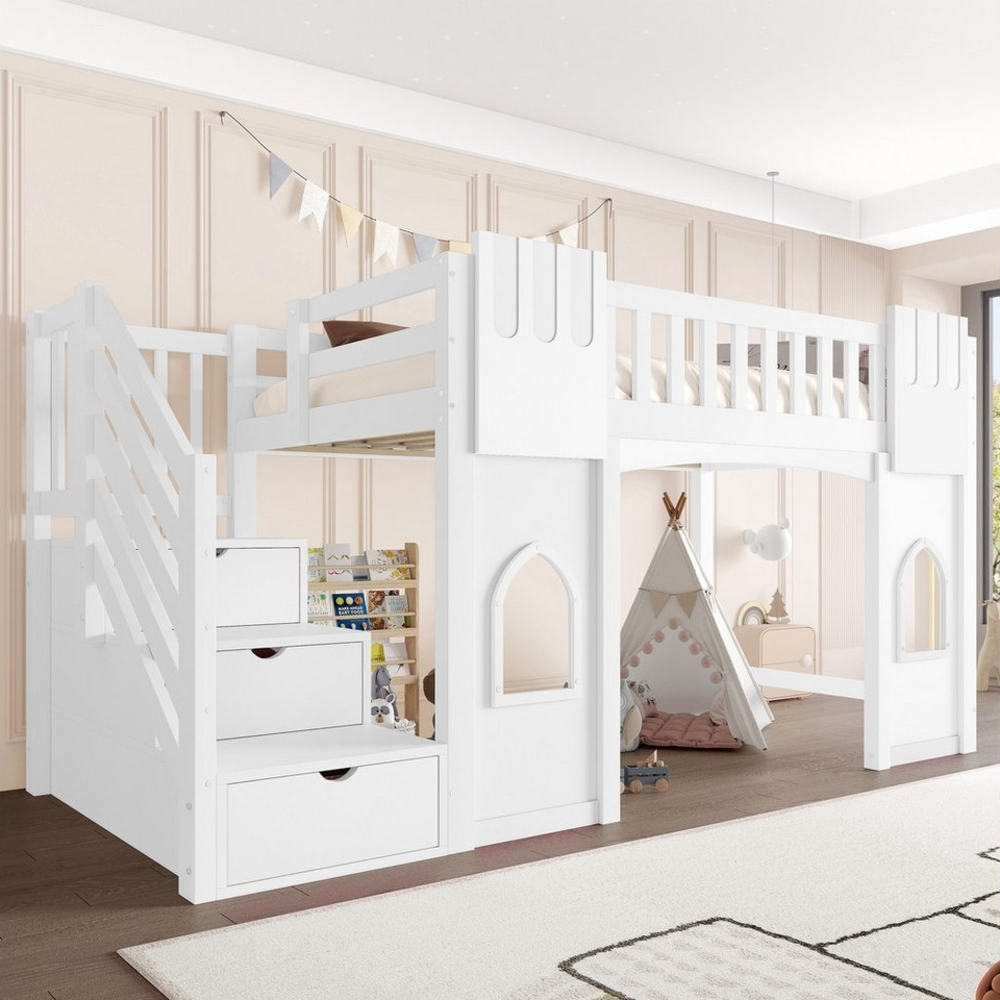 Flieks Etagenbett, Hochbett Fenster-Design 90x200cm mit Rausfallschutz und Stauraumtreppe Bild 1