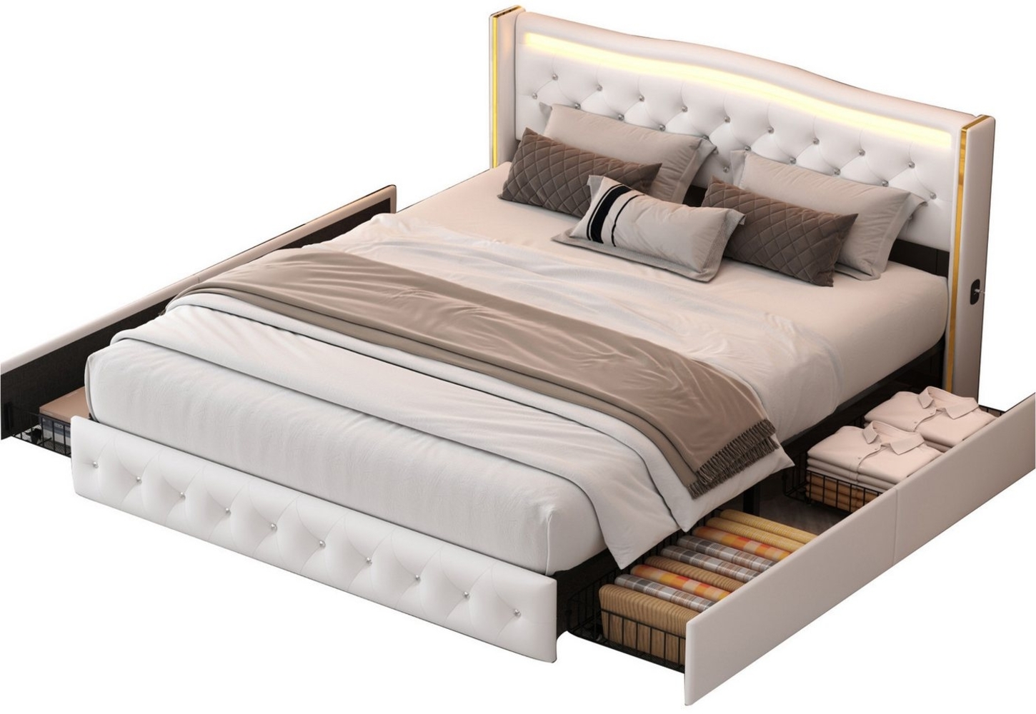 FUROKOY Polsterbett Doppelbett Stauraumbett Mit LED-Beleuchtung und USB+TYPE-C Kunstleder, 160x200 cm,mit 4 Schubladen,Gepolstert,Beige,mit Steckdose Bild 1