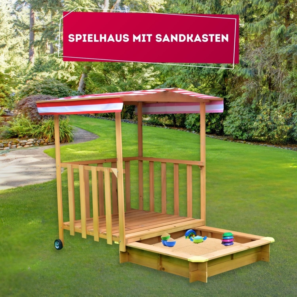Coemo Spielhaus mit Sandkasten Sonnendach Spiel-Veranda fahrbar Bild 1