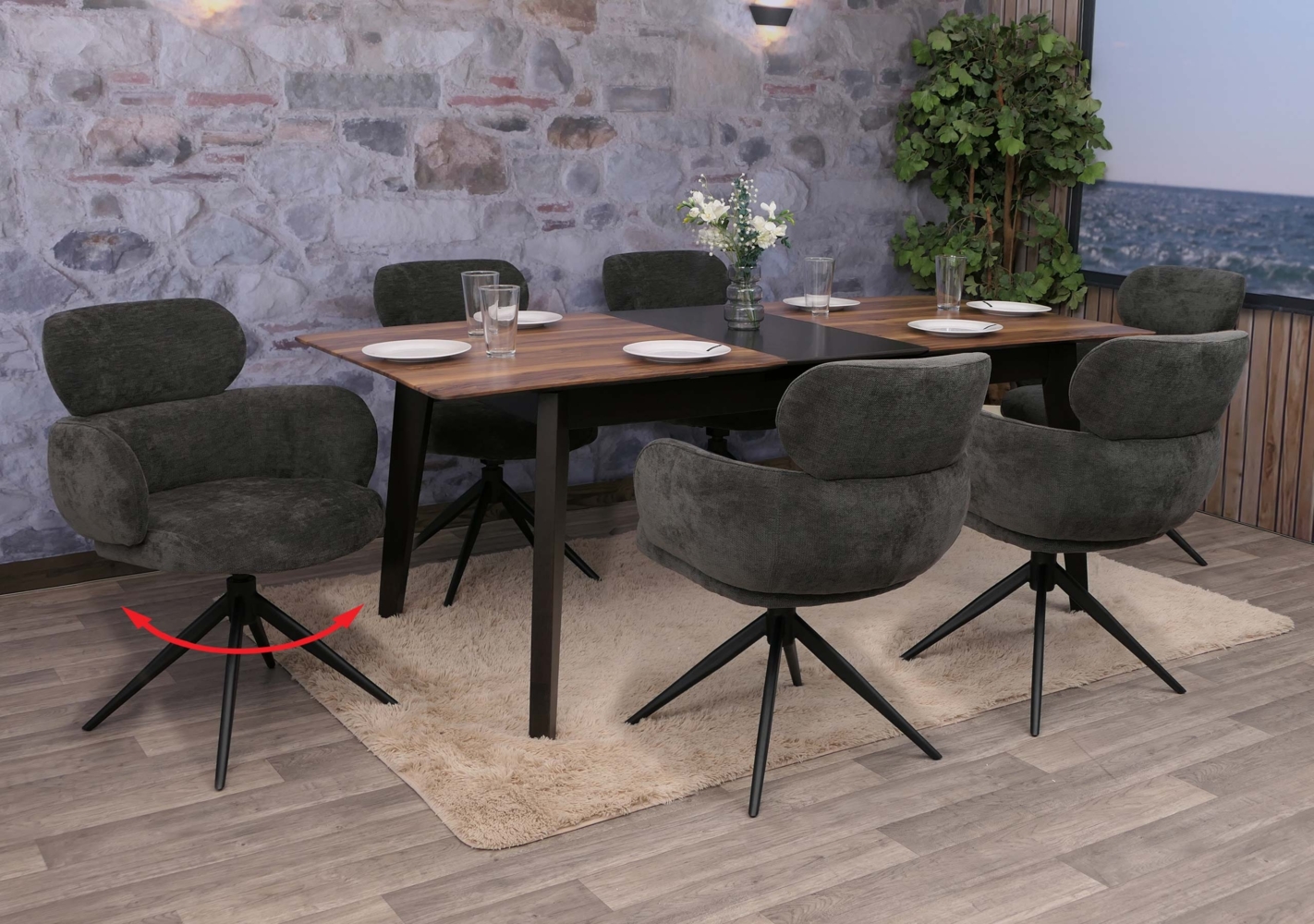 6er-Set Esszimmerstuhl HWC-O77, Küchenstuhl Stuhl, drehbar Auto-Return, Stoff (310g/m²) Chenille Öko-Tex ~ anthrazit Bild 1