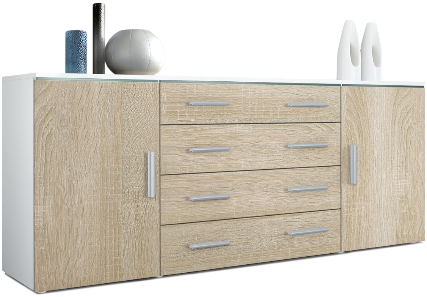 Vladon Sideboard Faro V2, Kommode mit 2 Türen und 4 Schubladen, Weiß matt/Eiche sägerau (166 x 72 x 35 cm) Bild 1