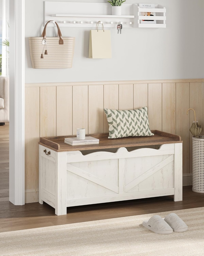 Schuhbank, Sitzbank mit Stauraum, Sitztruhe, 2 Stabilen Scharnieren, Aufbewahrungsschrank, 40 x 100 x 48 cm für Flur, Wohnzimmer, X Stabiler Rahmen mit Überdachung, Weiß Braun Bild 1