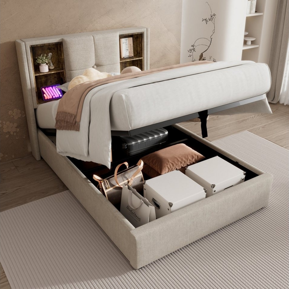 TavilaEcon Boxspringbett Polsterbett, Hydraulisch Stauraumbett mit Kabellosem Laden, mit vier offenen Ablagefächern am Kopfteil Bild 1