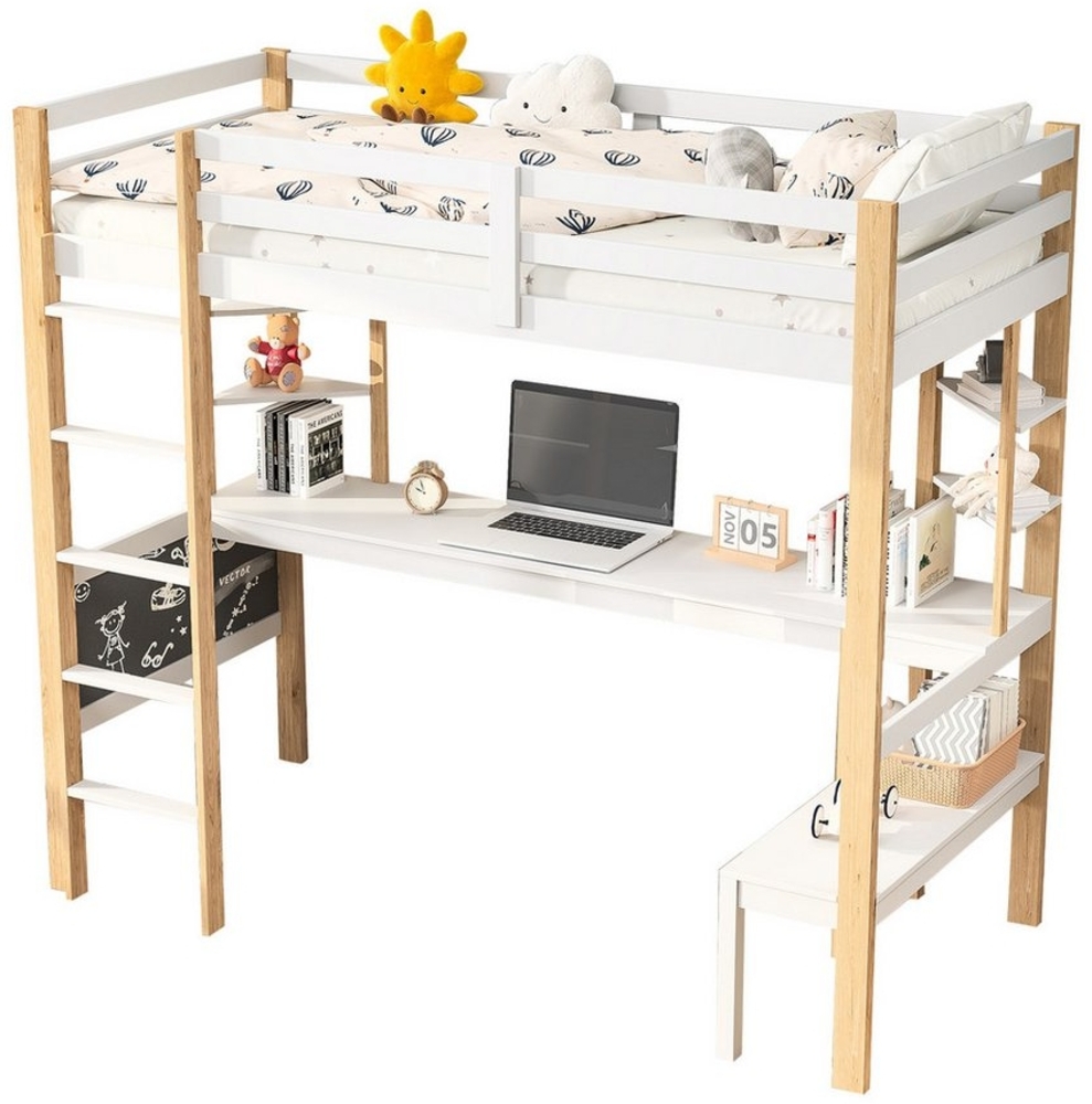 FUROKOY Hochbett Kinderbett 90x200cm mit Ablagefächern,Schreibtisch,Leiter (1-St, Etagenbett Stockbett Jugendbett,massive Kiefer,Weiß+Natur Holz) Kinderbett mit Rausfallschutz Bild 1