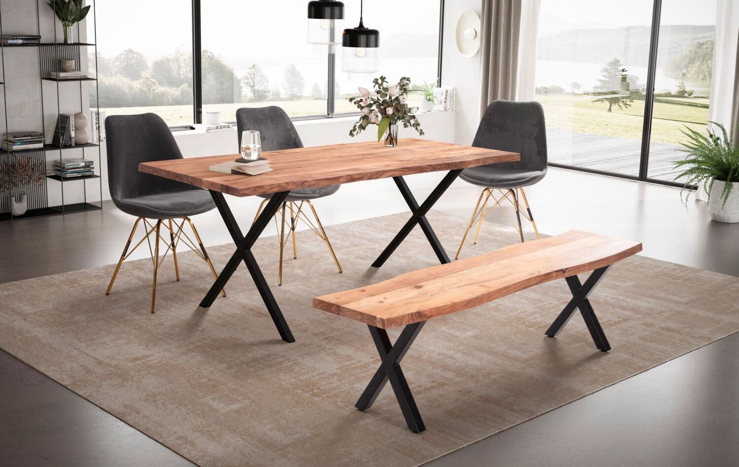 FineBuy Esszimmertisch 120x60x76 cm Akazie Massivholz / Metall Esstisch Baumkante, Küchentisch Massiv mit X-Beinen in Schwarz, Holztisch Speisetisch Esszimmer Rechteckig Braun Bild 1