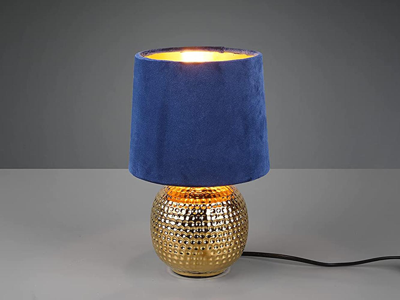 Reality Leuchten LED Nachttischlampe, Dimmfunktion, LED wechselbar, Warmweiß, kleine ausgefallen-e Samt Lampenschirm dimmbar Blau Gold-en, Höhe 26cm Bild 1