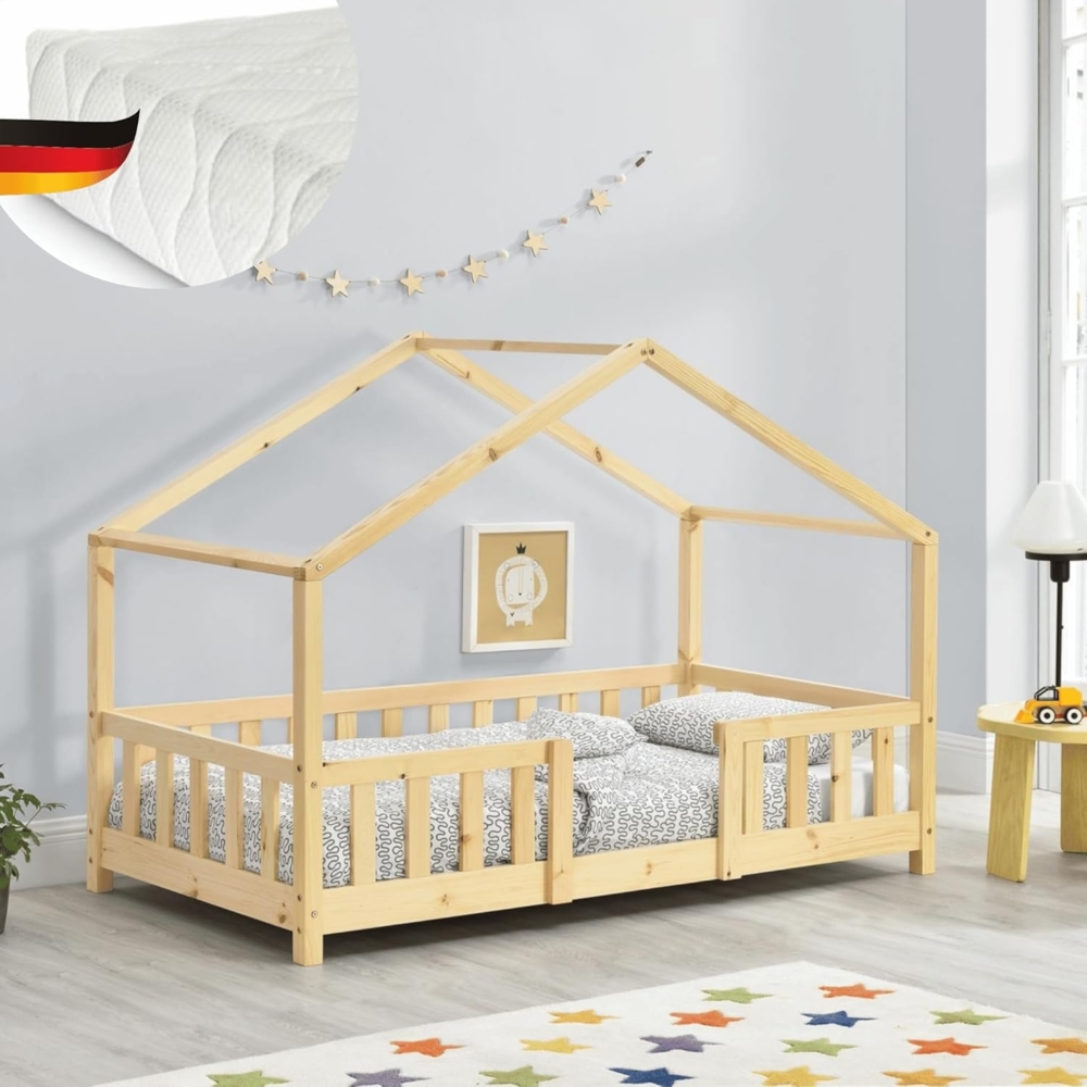 DELUKE® Kinderbett 80x160 cm MILA - mit Matratze Lattenrost Rausfallschutz Hausbett Kinder Haus Bett Kinderzimmer Bodenbett Einzelbett Kinder Bett Klein Kinderbett Montessori Bett Braun Bild 1