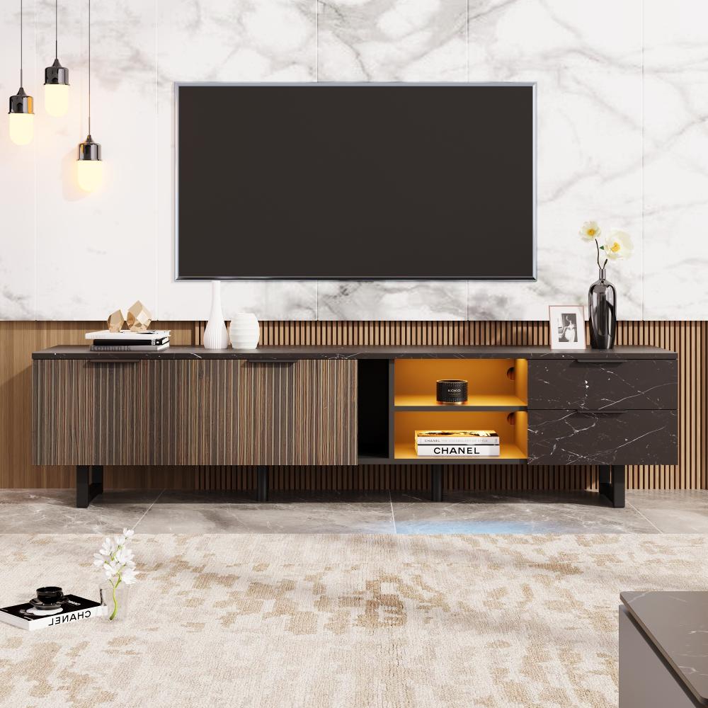 Merax 200cm TV-Schrank mit schwarzer Marmoroptik, dunklen Holzmasertüren, verstellbarer LED-Beleuchtung, zwei Türen und zwei Schubladen, geeignet für Staubsaugerroboter Bild 1