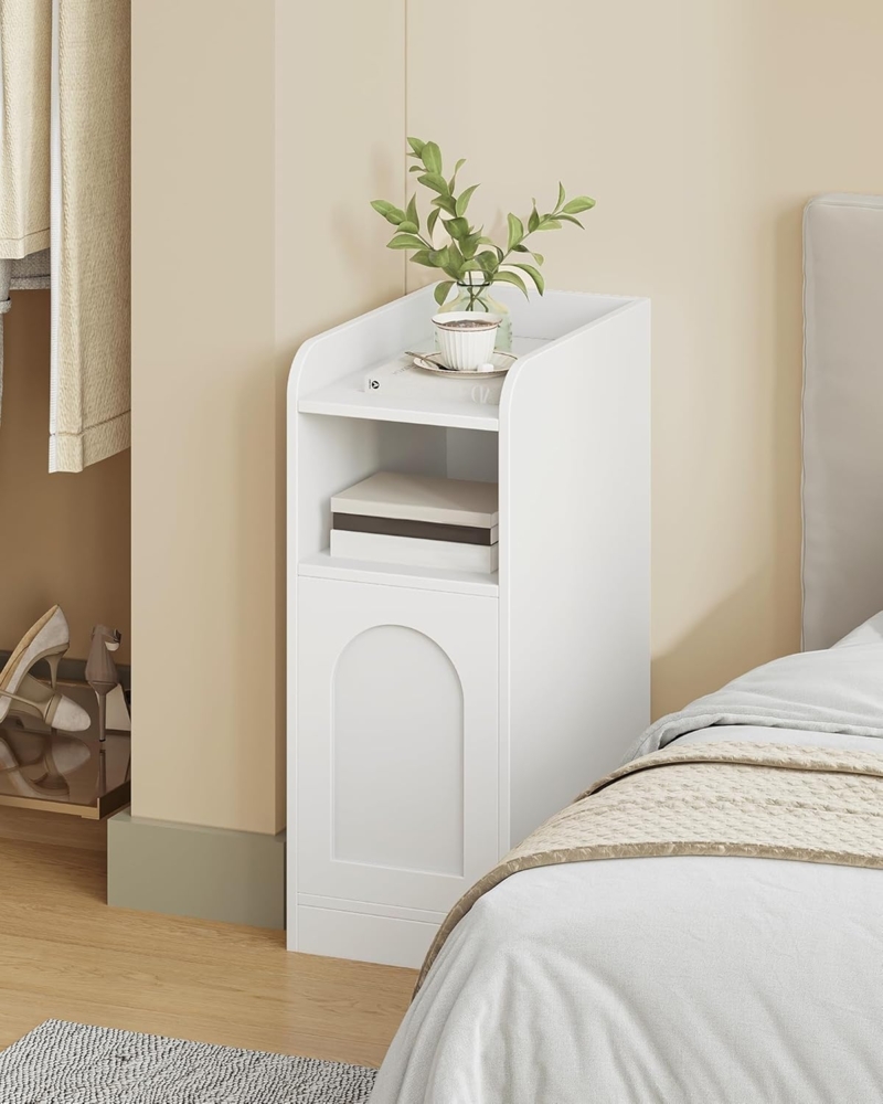 Nachttisch 2er Set, Schmal Beistelltisch mit 1 Schranktür, Nachttische mit Offenem Fach, Umkehrbare Tür, Platzsparend, Geeignet für Schlafzimmer, Wohnzimmer, Weiß Bild 1