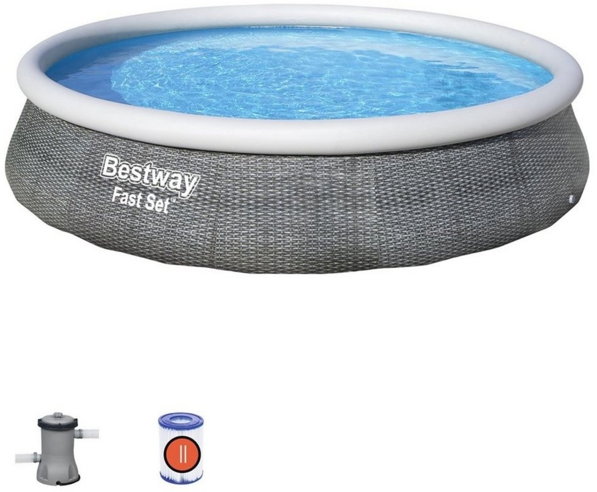 BESTWAY Fast Set Pool Swimmingpool Rund Rattan Optik + Leiter Filterpumpe 396x84 Bild 1