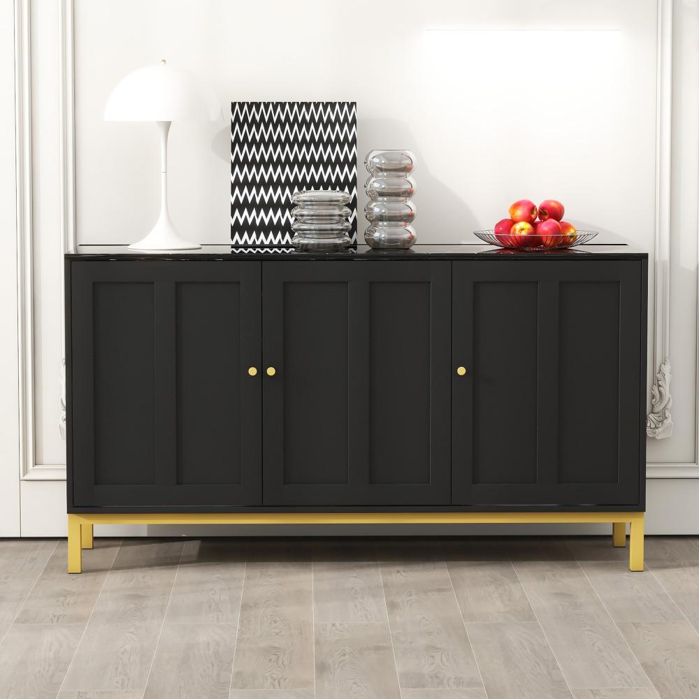 Merax Kommode, Stilvolles elegantes 3-türiges Sideboard mit Marmor-Tischplatte für Küche, Wohnzimmer und Esszimmer (Schwarz) Bild 1