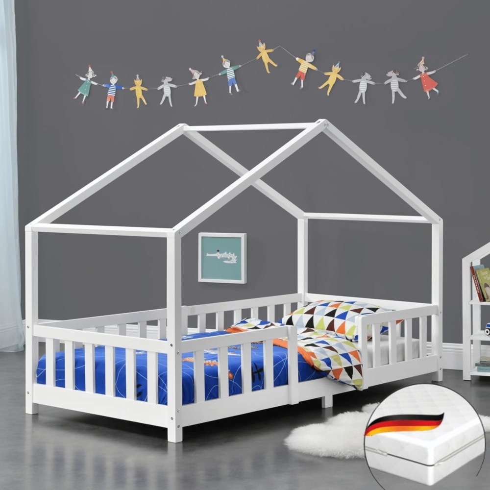 DELUKE® Kinderbett 90x200 cm MILA - mit Matratze Lattenrost Rausfallschutz Hausbett Kinder Haus Bett Kinderzimmer Bodenbett Einzelbett Kinder Bett Klein Kinderbett Montessori Bett Weiß Bild 1