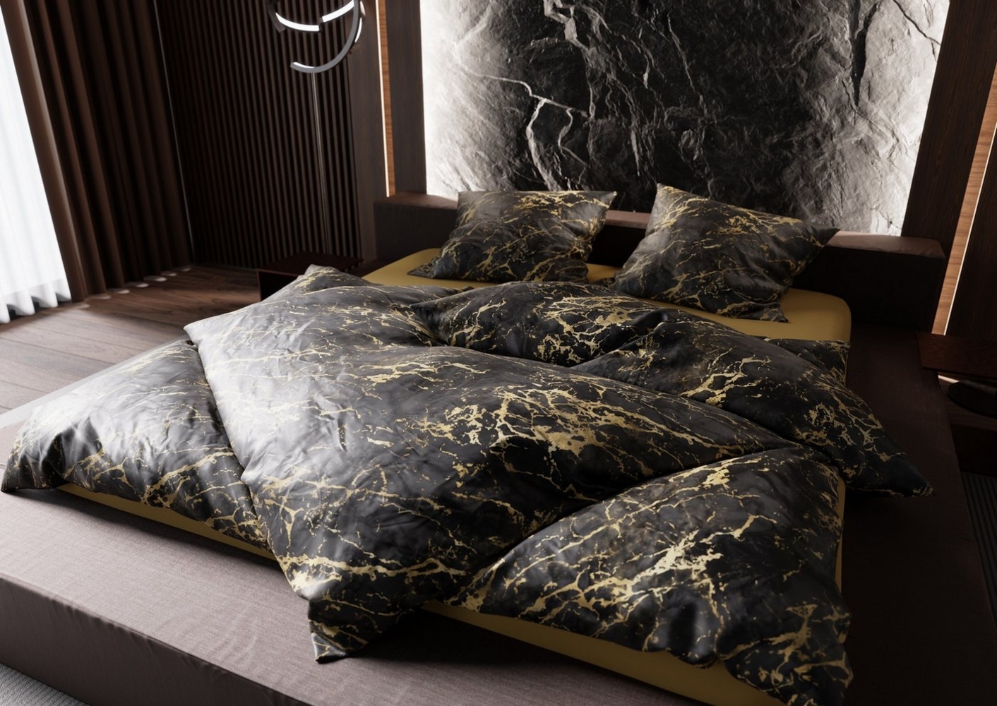 Mako Satin Bettwäsche Marmor schwarz / gold Garnitur 135x200 + 80x80 Bild 1