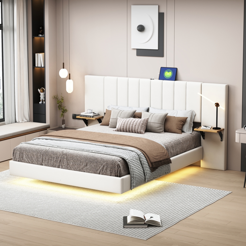 Merax Polsterbett 140*200 cm, Verdecktes Fußteil, Doppelbett, Verlängertes und Vergrößertes Kopfteil, mit Seitlichen Ablagen, mit USB-Ladeanschluss, mit LED-Leiste, Leinenstoff, Beige Bild 1