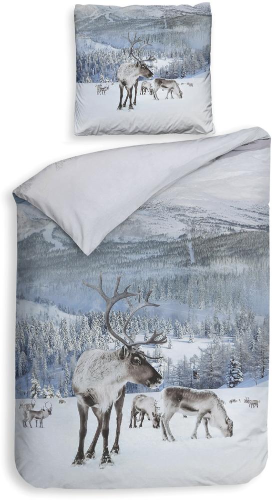 Heckett & Lane Mako-Satin Bettwäsche 135x200 Doriane white blau Hirsch Winter Bäume Bild 1