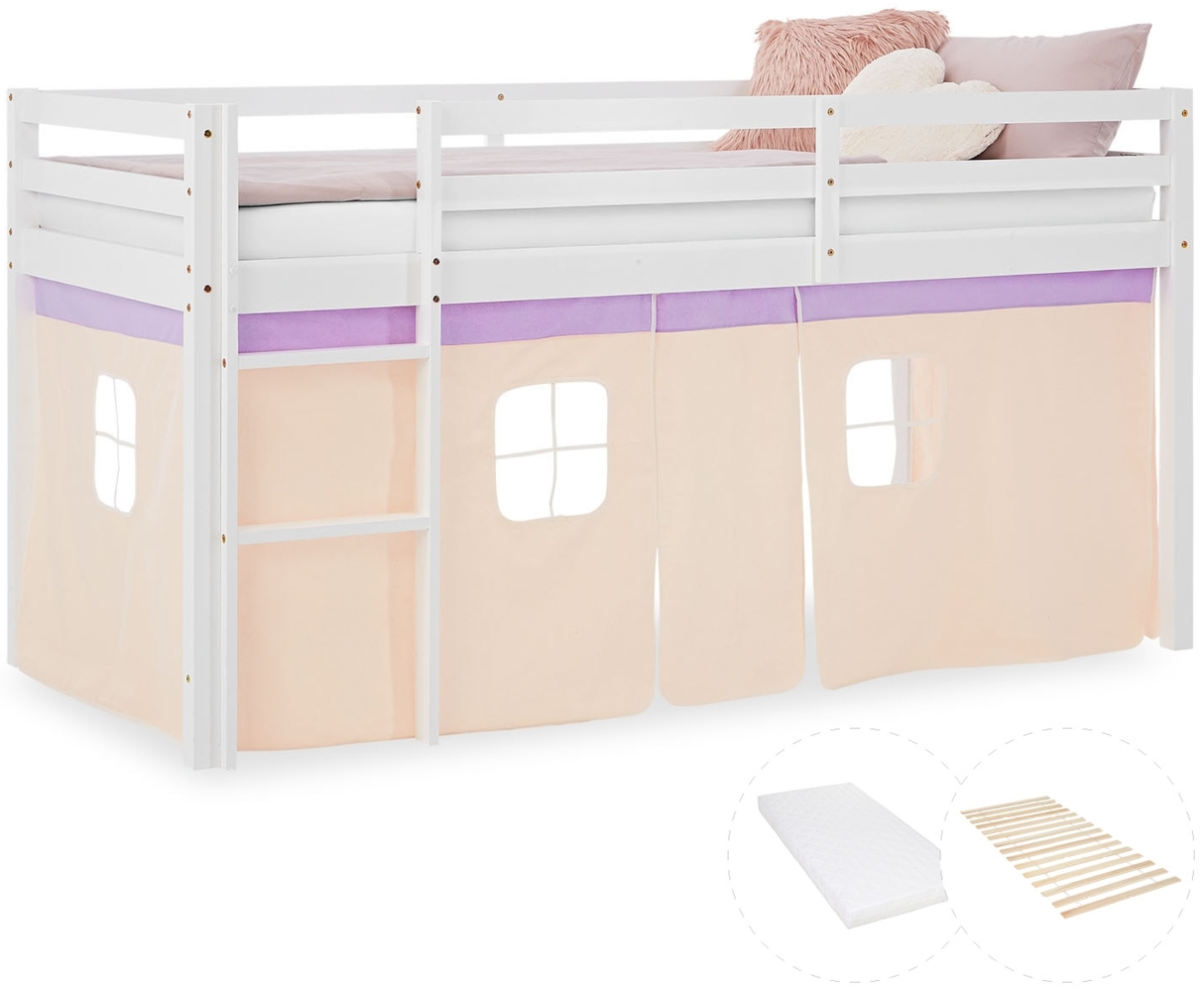 Hochbett Kinder 90x200 cm mit Matratze Kinderbett Kinderhochbett Stockbett Vorhang Lila Beige Holz Massiv Lattenrost Bild 1