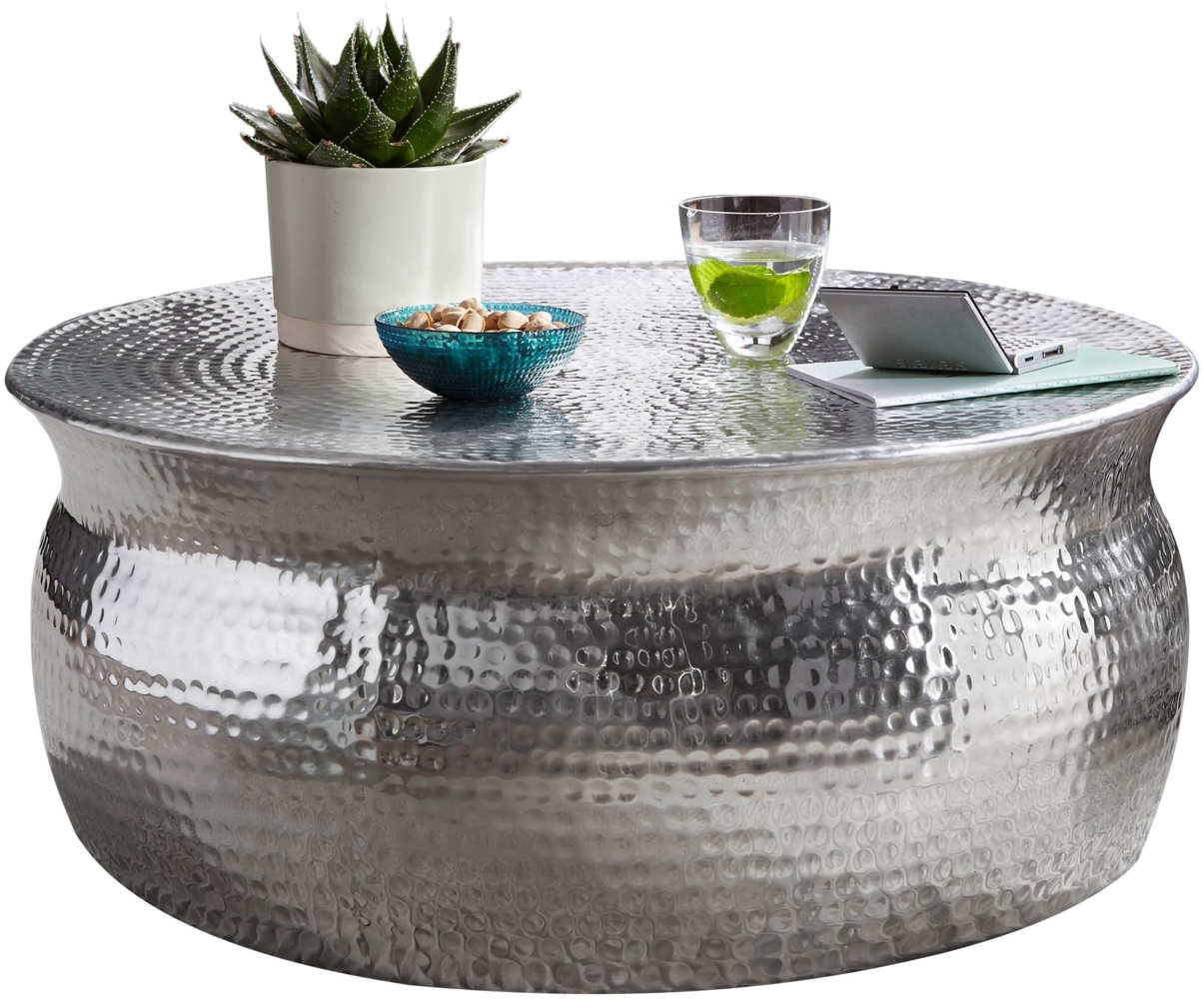 Couchtisch 75 x 31 x 75 cm Aluminium Silber Beistelltisch orientalisch rund, Flacher Hammerschlag Sofatisch Metall, Design Wohnzimmertisch modern, Loungetisch indisch Stubentisch klein Bild 1