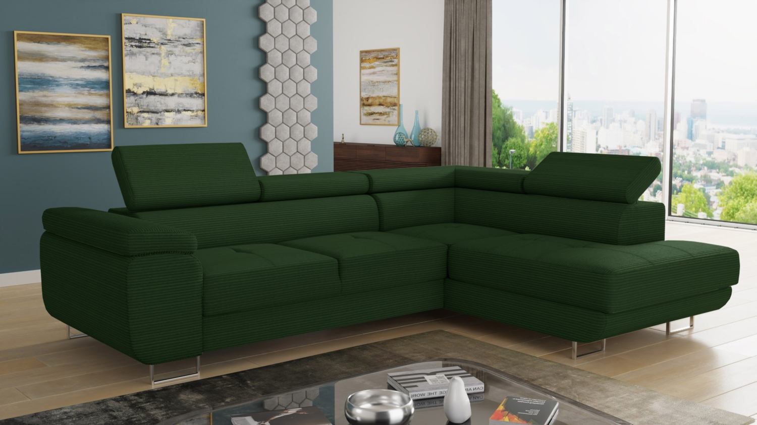 Ecksofa Caris mit Schlaffunktion und einstellbare Kopfstützen, Cord Stoff, Wohnlandschaft mit Bettkasten, Couch, Sofa, Bettsofa (Grün (Poso 014), Ecksofa Rechts) Bild 1