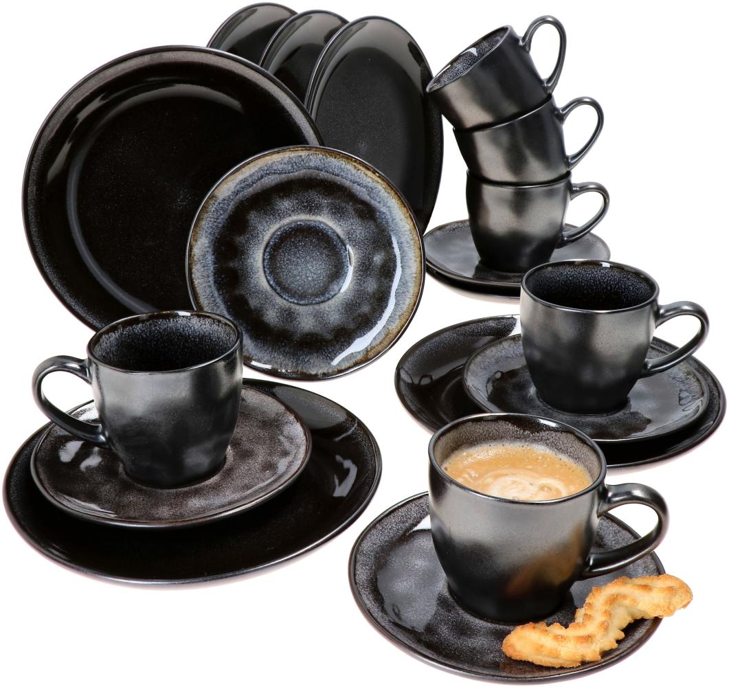 18tlg. Kaffeeservice Reactive Glaze Grey Black Steingut Teller Tasse Schwarz Bild 1