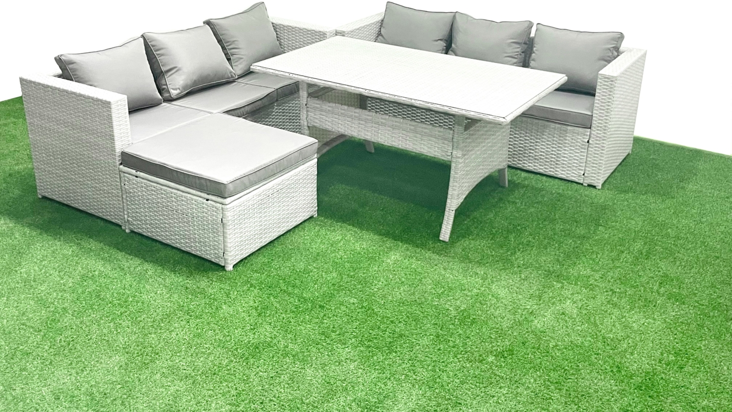 Fimous Rattan Gartenmöbel-Set 7 Sitzer mit Esstisch Großer Fußhocker Hellgrau gemischt Bild 1