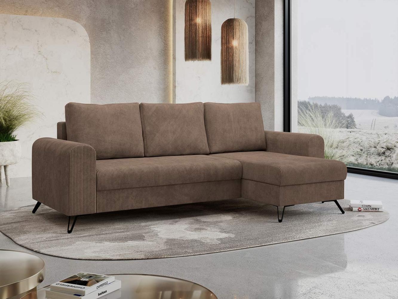 Ecksofa Wohnzimmer aus Cordstoff mit Schlaffunktion - HUGO-lin - Hellbraun Velours Bild 1