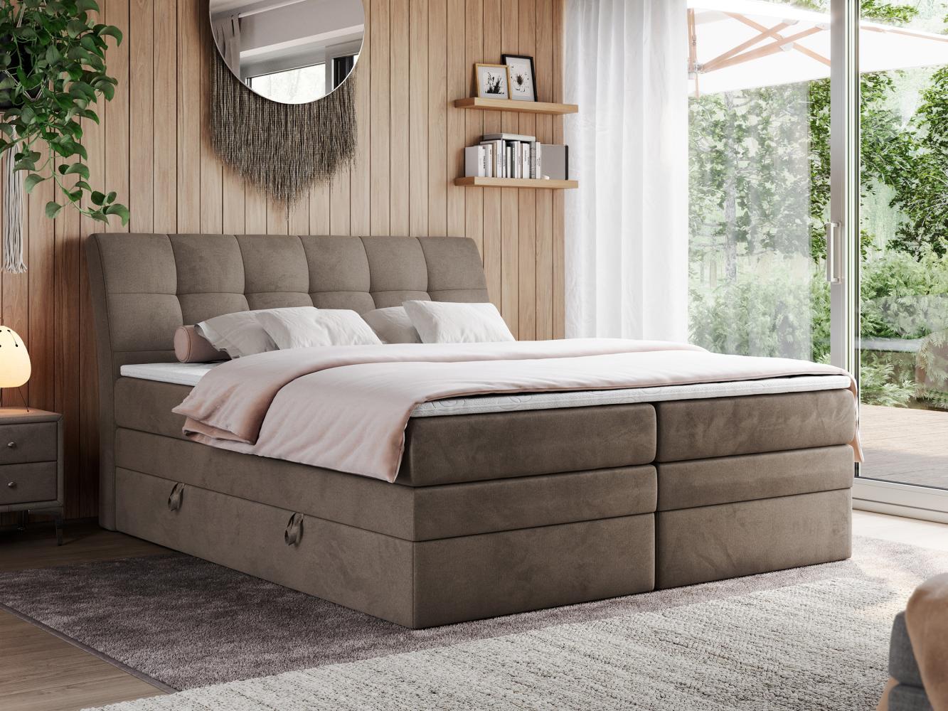 Boxspringbett, Stauraumbett, Bett mit Multipocket-Matratze und Topper - GOLD-10-KING - 120x200cm - Braun Velours - H4 Bild 1